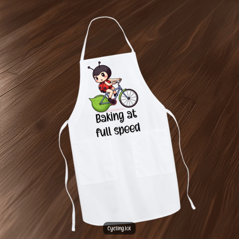 Funny ladybug apron depicting a determined ladybug furiously pedaling a leaf-shaped bicycle, great for kitchen motivation.