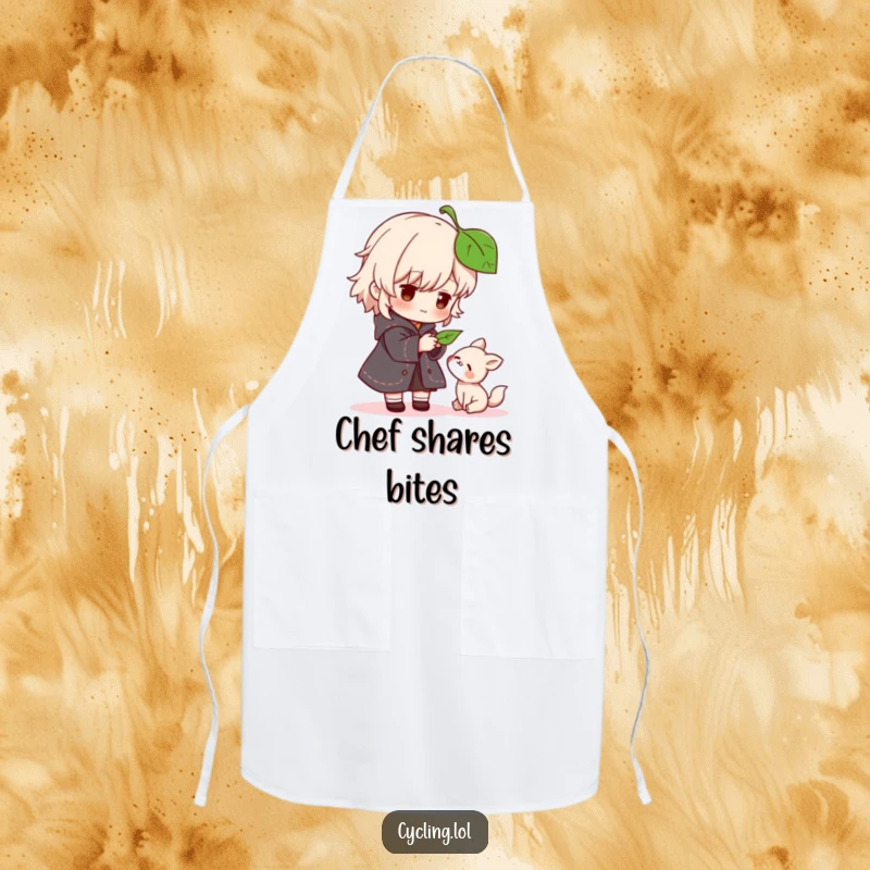 Funny apron showing a character gently offering a leaf to a small, grateful animal, ideal for kitchen or garden tasks.