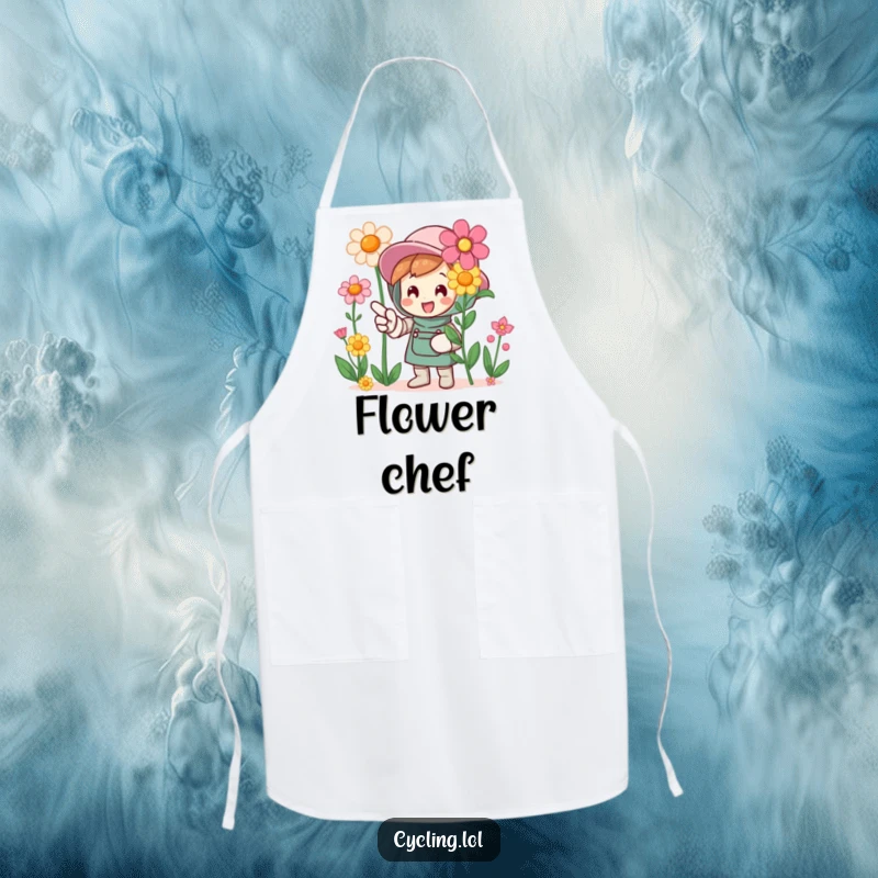 Funny apron featuring a character pointing with excitement at blooming flowers, ideal for gardening and protecting clothing.