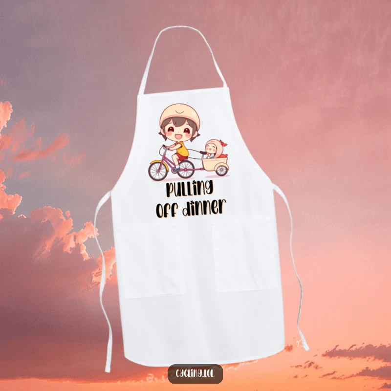 Funny bicycle apron depicting a beaming character happily cycling with a laughing passenger in a trailer.