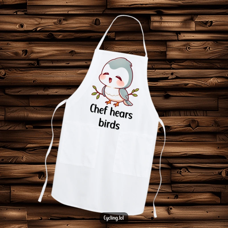 Funny apron showing a character with head tilted, listening intently to bird sounds with delight, ideal for kitchen or garden protection.