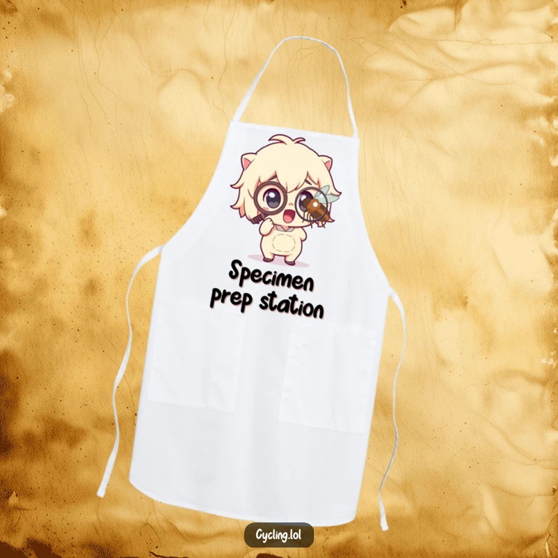Funny Apron: A character wearing a monocle looks closely at a magnified insect, bringing humor to the kitchen and perfect for any cooking enthusiast gift.