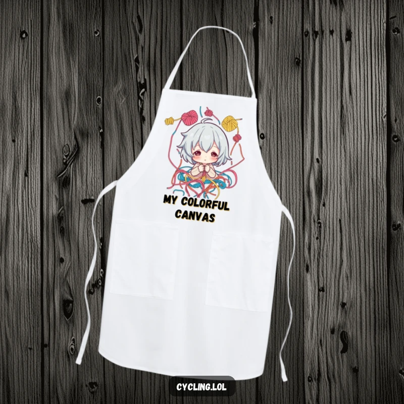 Funny Apron: Artist character focused on a pattern amidst colorful threads, humorous and practical for crafting and sewing.