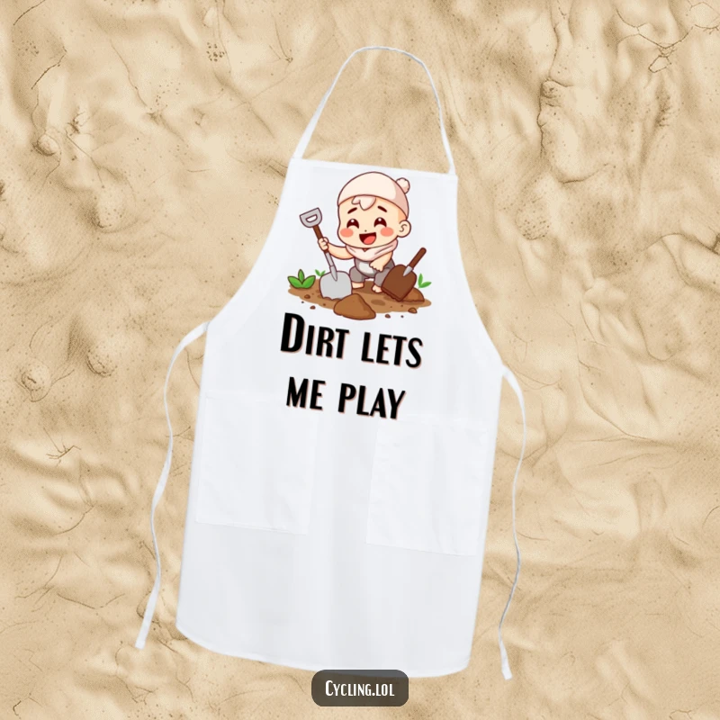 Funny apron depicting a character enthusiastically digging in the soil with a trowel, a cheerful garden accessory.