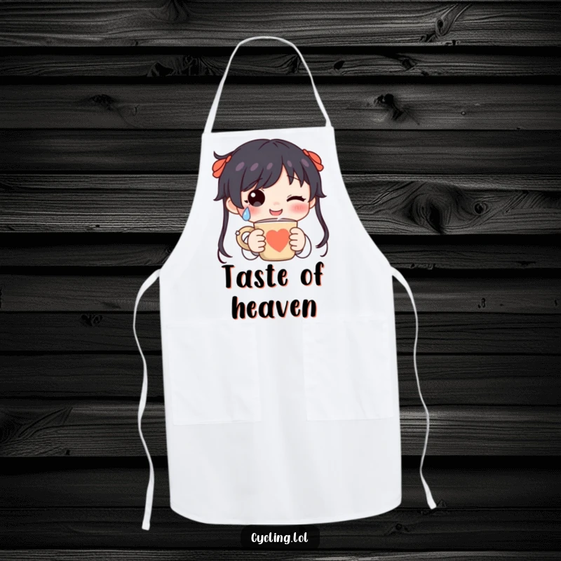 Funny character wearing an apron, shedding a happy tear while holding a steaming mug, perfect for joyful cooking moments.