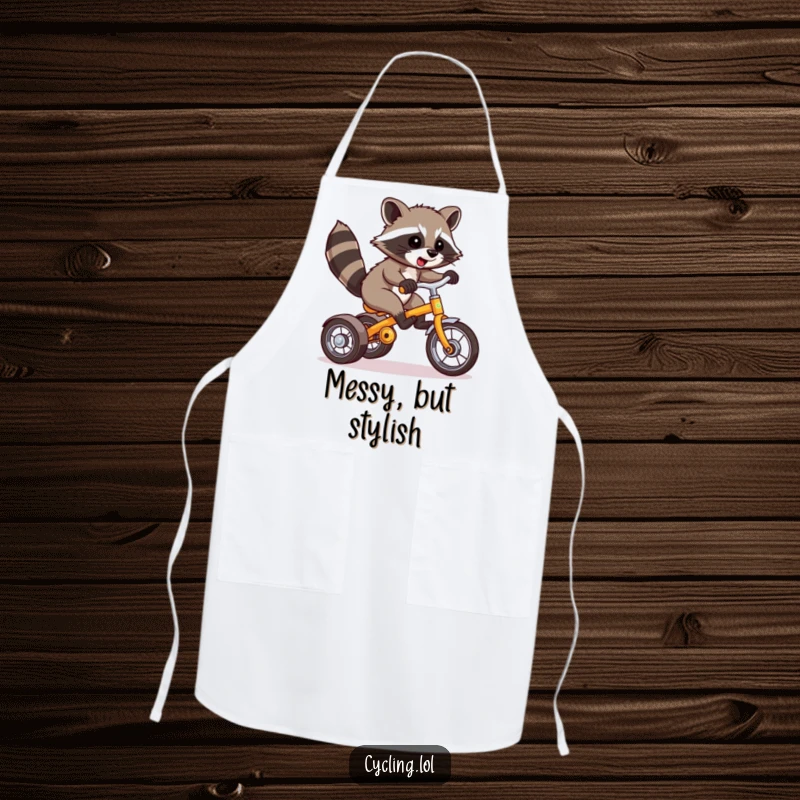 Funny Raccoon Apron: A raccoon on a tricycle performing a wheelie, ideal for chefs who love humor while cooking.