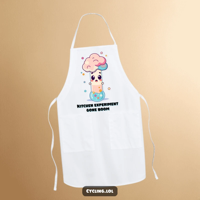 Funny Apron depicting a surprised character reacting to a test tube erupting with colorful foam, bringing humorous science to the kitchen.
