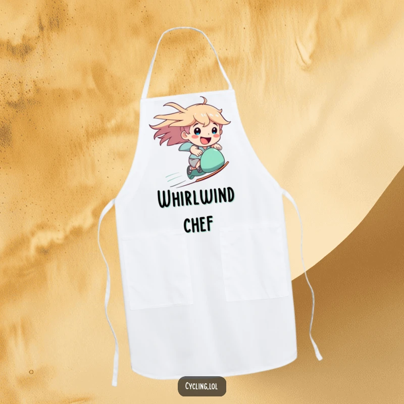 Funny speed apron depicting a character joyfully speeding downhill with windblown hair and a happy smile.