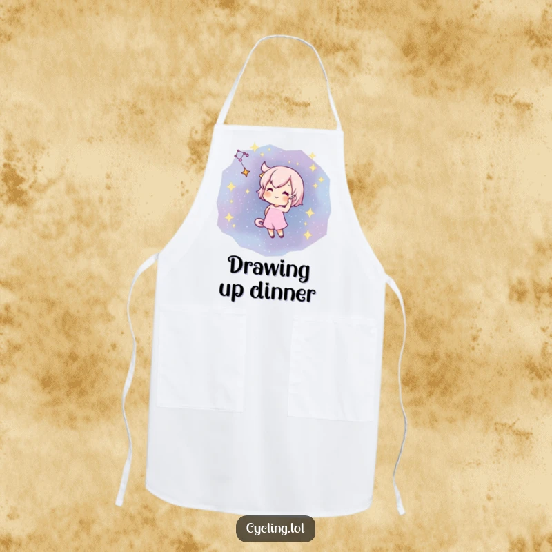 Funny apron featuring a character artistically drawing a constellation with a flourish on a star-filled night sky.