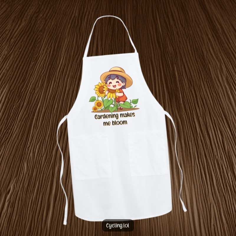 Funny apron showing a character in a straw hat, joyfully gardening a giant, smiling sunflower. Practical and humorous kitchen wear.