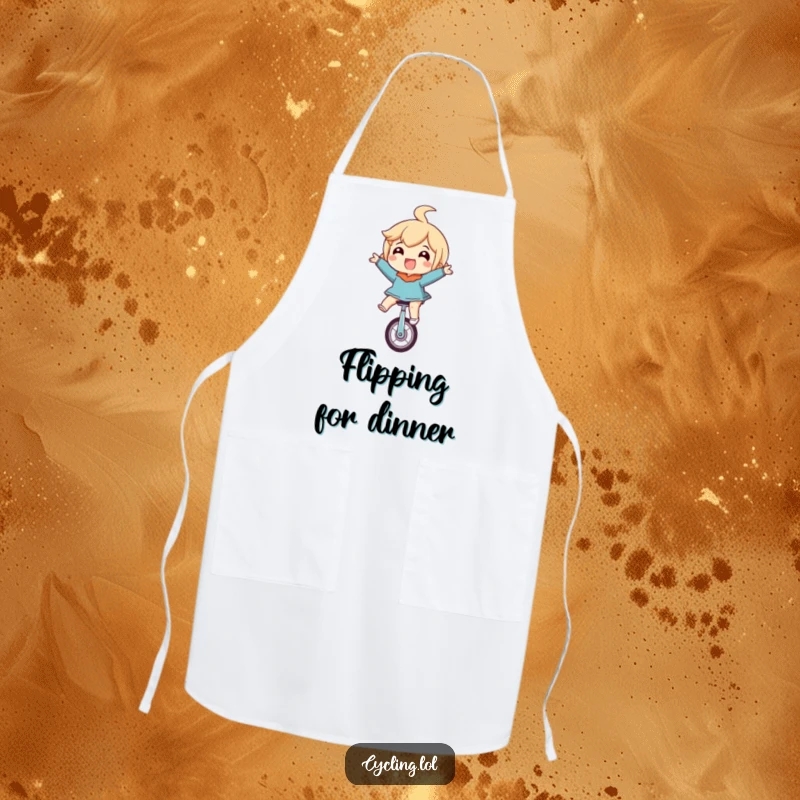 Funny apron showing a character riding a unicycle upside down with eyes wide in glee, a humorous addition to any kitchen.