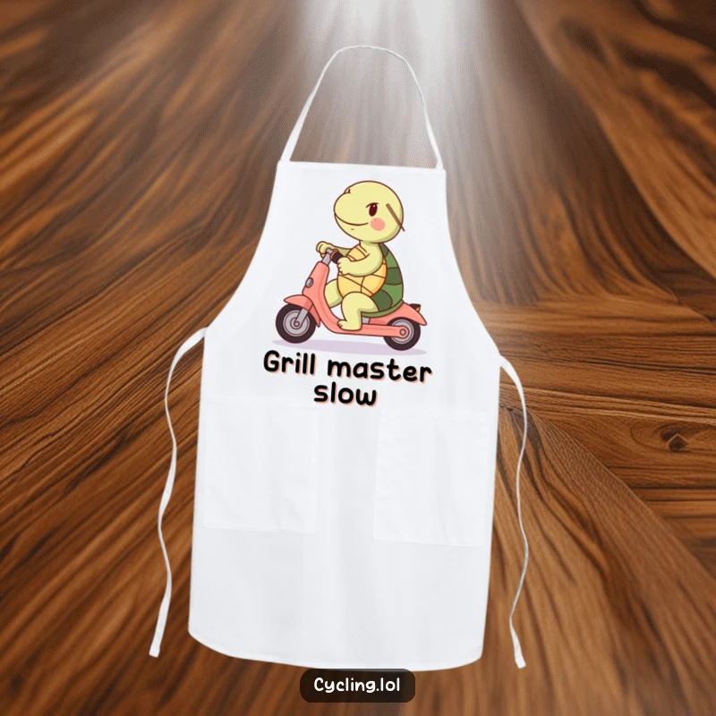Funny apron: A cheerful turtle riding a scooter backwards, a humorous accessory for kitchen adventurers.