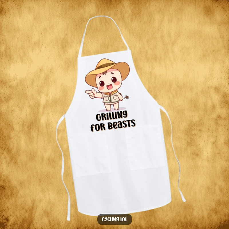 Funny apron showing a character in a safari hat, excitedly pointing to a distant, cartoon animal, ideal for kitchen or garden protection.