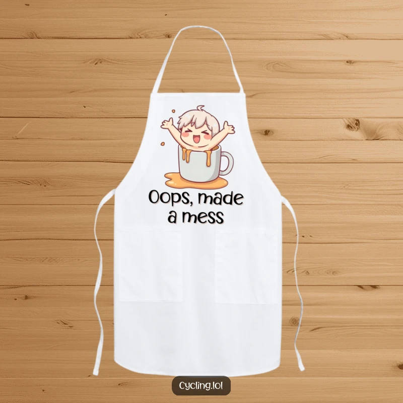 Funny apron depicting a character comically slipping on spilled liquid in the kitchen, arms flailing, ideal for a humorous cooking experience.