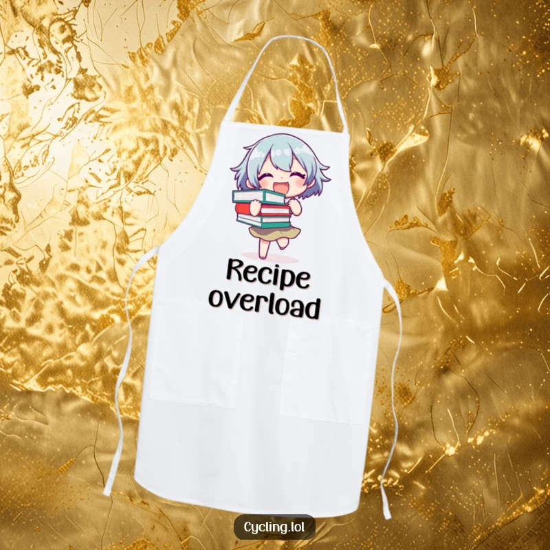 Funny Apron depicting a joyful character precariously balancing a stack of books, bringing literary humor to cooking tasks.