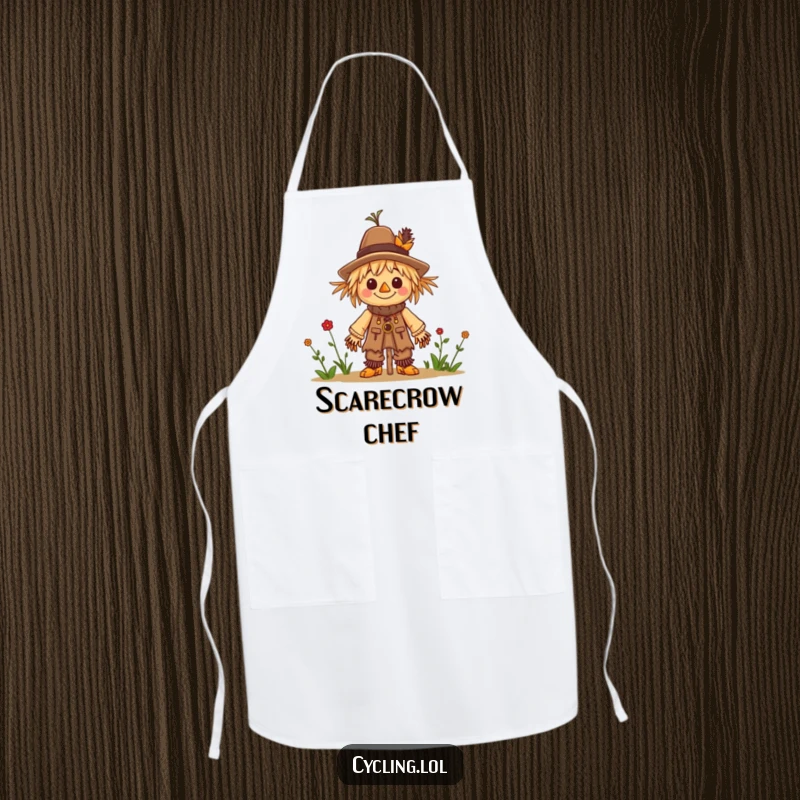 Funny apron featuring a character cheerfully building a tiny scarecrow, ideal for protecting clothes during creative projects.