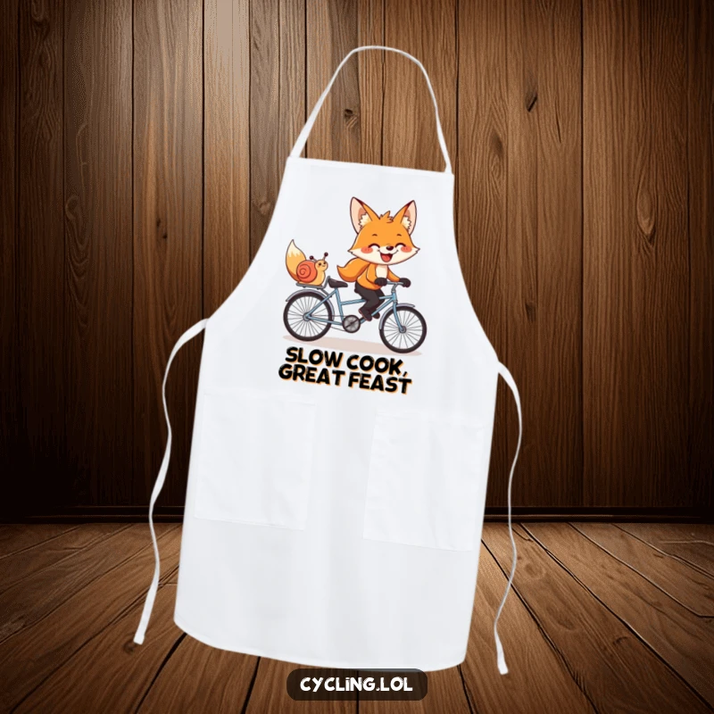Funny apron featuring a grinning fox and snail pedaling a tandem bike, designed for kitchen camaraderie and humor.