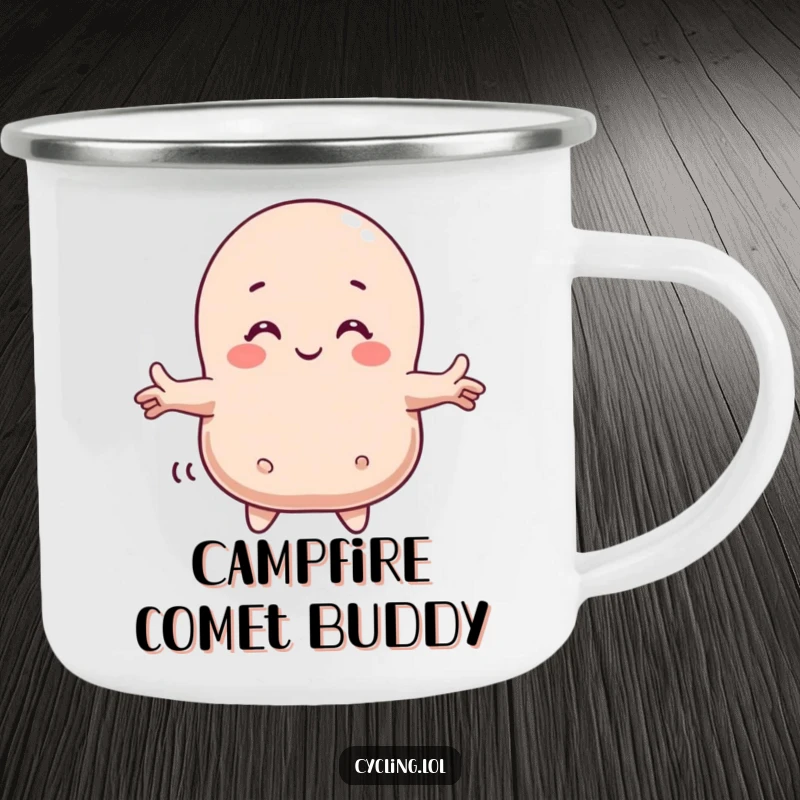 Funny camping mug featuring a character giving a friendly comet a warm hug, perfect for enjoying drinks outdoors with cosmic humor.