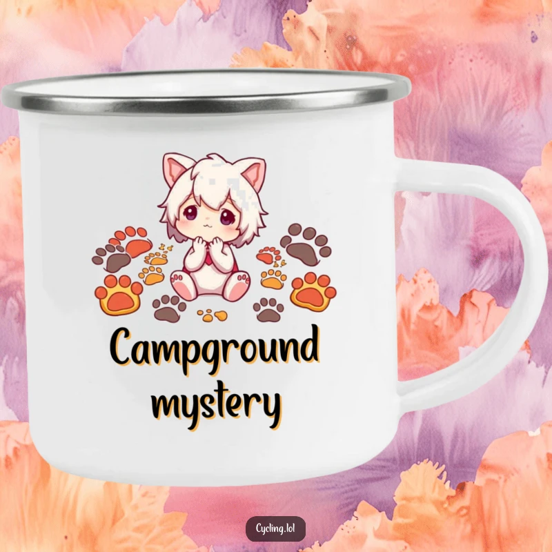 Funny camping mug showing a character surrounded by animal footprints, looking thoughtfully, perfect for outdoor enthusiasts.