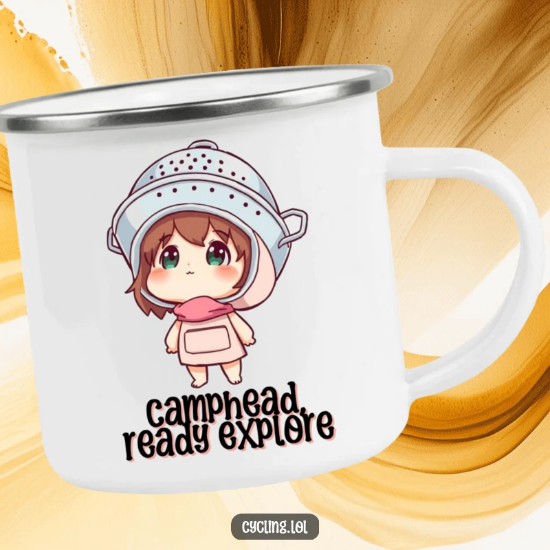 Funny camping mug depicting a character in a colander helmet looking up with wonder, ideal for outdoor exploration.