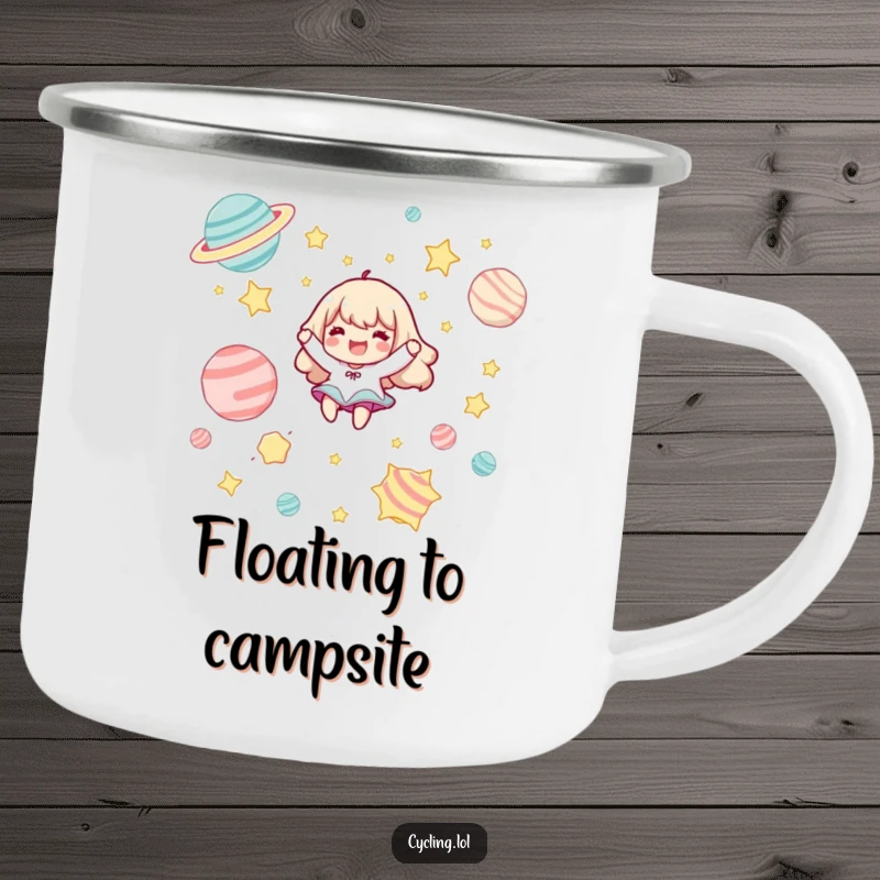 Funny camping mug depicting a character joyfully floating among cartoon stars and planets, ideal for outdoor fun.