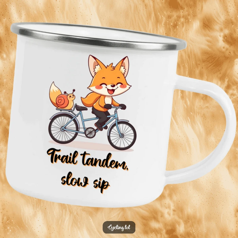 Funny camping mug featuring a grinning fox and snail on a tandem bike, bringing humorous companionship to outdoor settings.