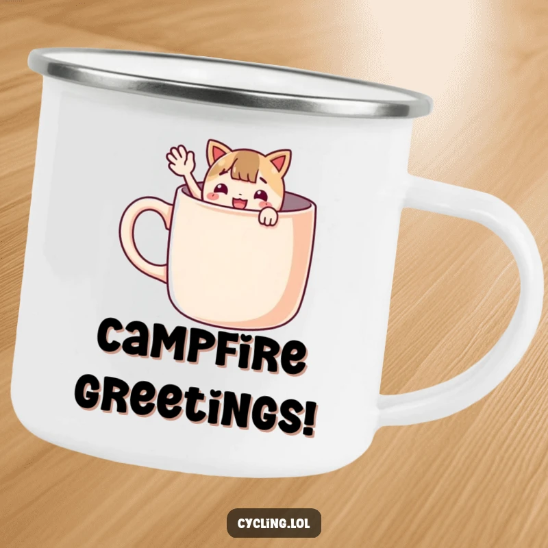 Funny camping mug featuring a character peeking from a giant mug and waving enthusiastically, perfect for outdoor greetings and fun.