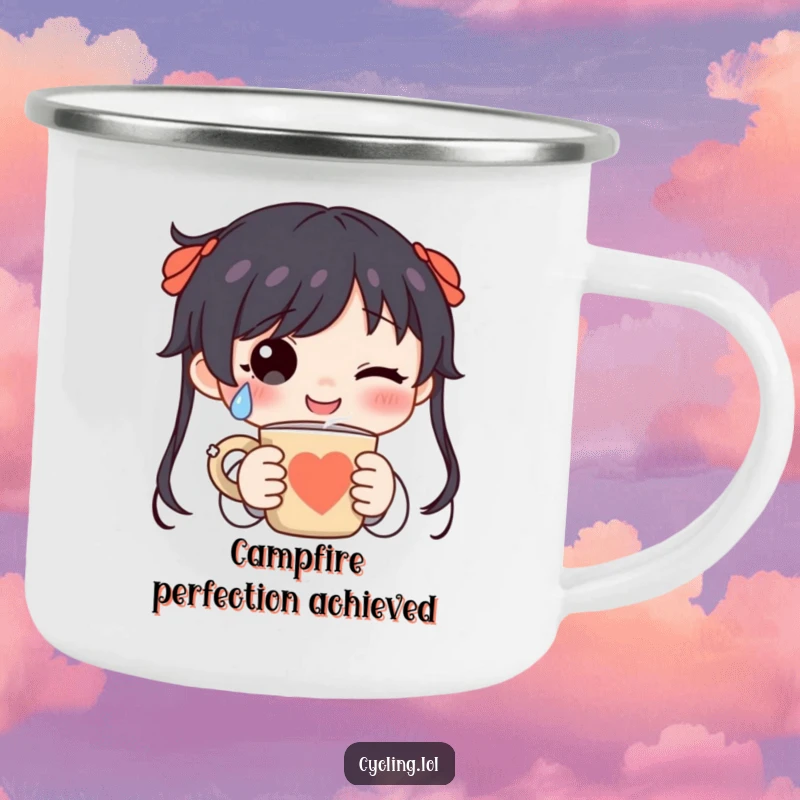 Funny character with a happy tear holding a steaming mug on a camping mug, perfect for enjoying beverages outdoors with joy.