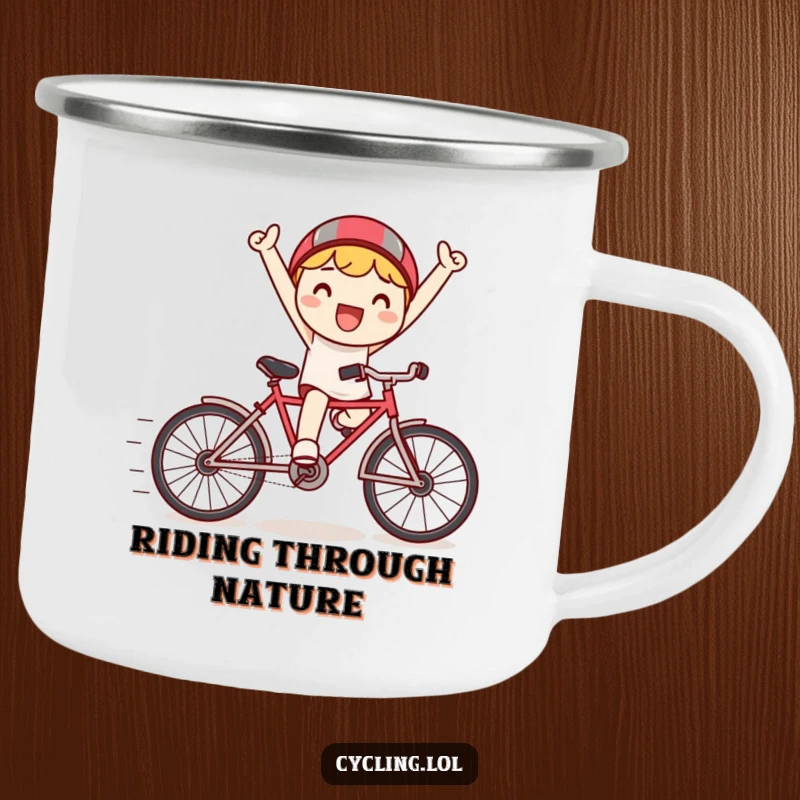 Funny camping mug featuring a triumphant Kawaii character riding a tiny bicycle with speed lines, ideal for outdoor enthusiasts.