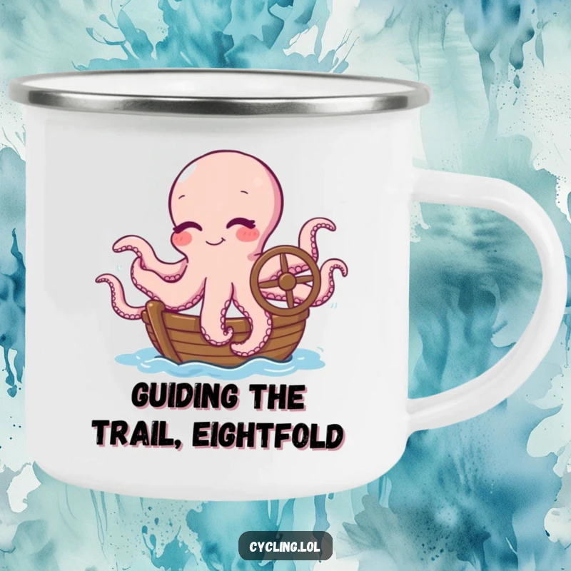 Funny camping mug with a winking octopus humorously steering a boat, built for adventure and outdoor enthusiasts who appreciate a laugh.