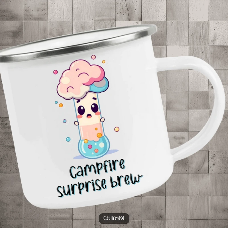 Funny Camping Mug featuring a surprised character watching a test tube erupt with colorful foam, perfect for outdoor fun and humor.