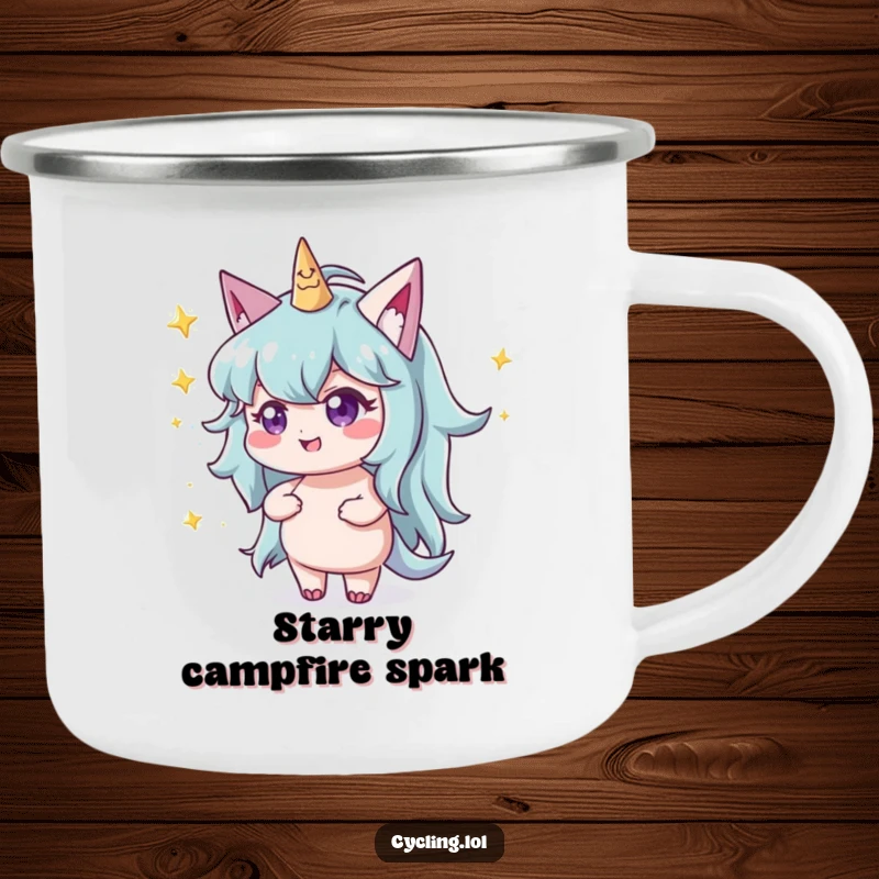 Funny character with a mischievous twinkle throwing glittery stardust on a durable camping mug, for magical adventures.