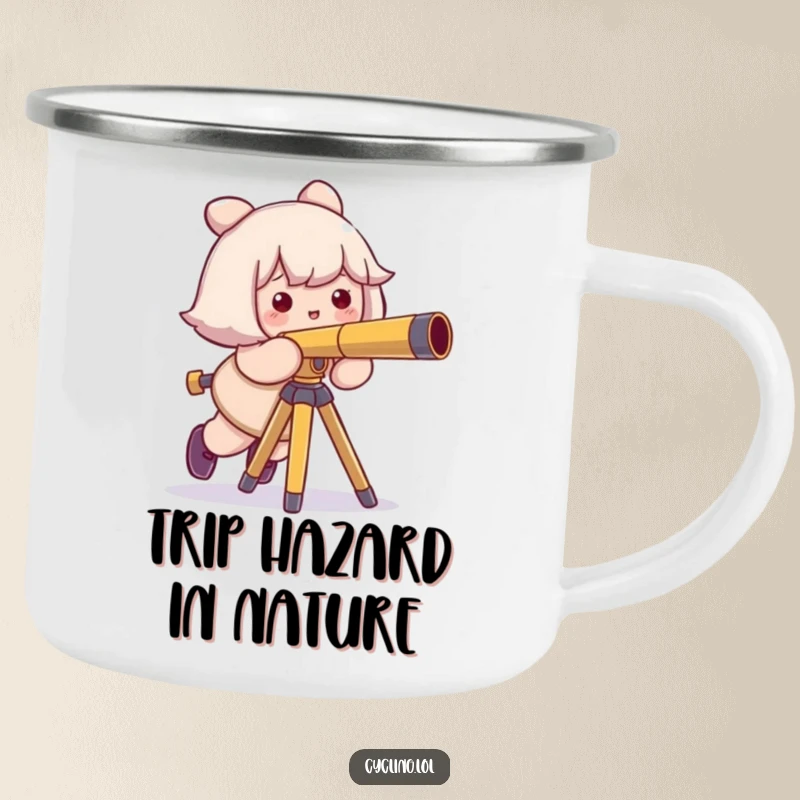Funny camping mug showing a character comically tripping over a telescope tripod, perfect for outdoor adventures with a sense of humor.