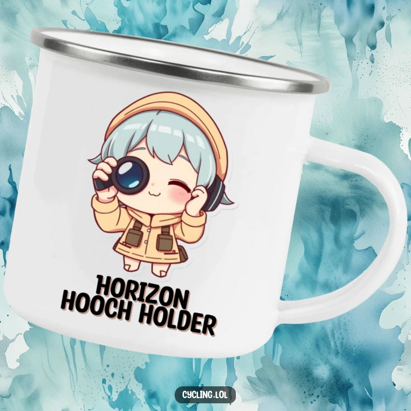 Funny Camping Mug: Character focused on binoculars, symbolizing outdoor exploration and keen observation, a humorous and durable gift for campers and hikers.