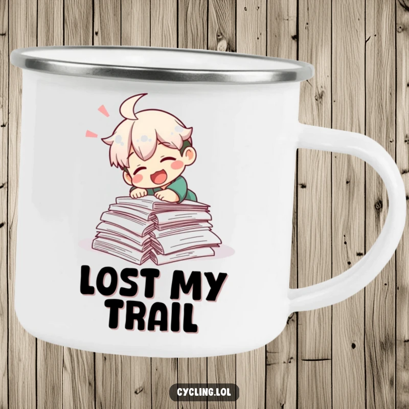 Funny camping mug featuring a character laughing while tripping over research papers, durable and humorous for all your outdoor drinks.