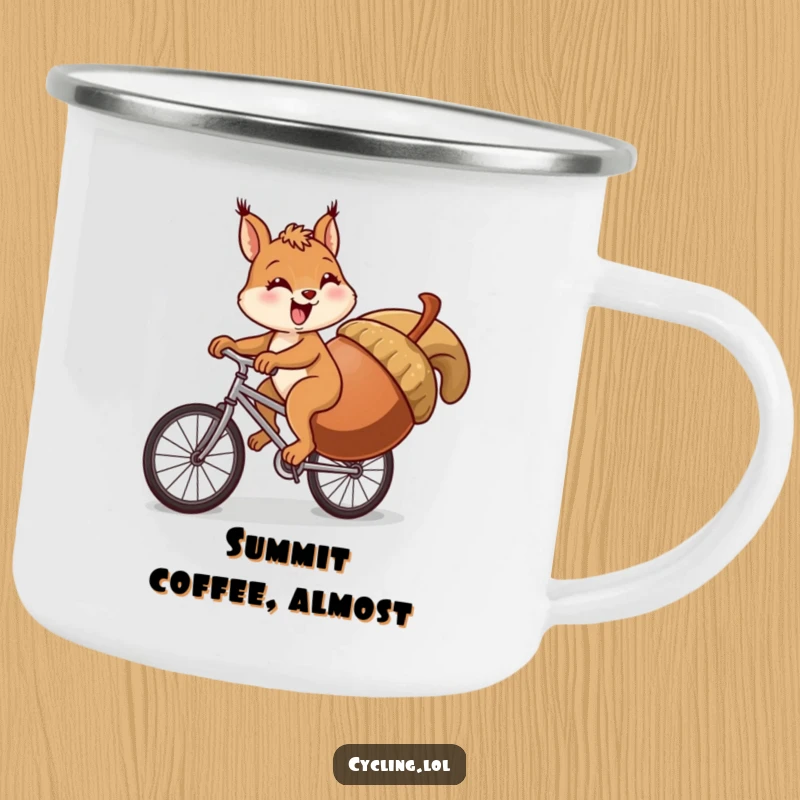 Funny squirrel camping mug showing a squirrel struggling to cycle uphill with a giant acorn, perfect for outdoor laughs.