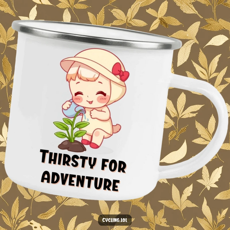 Funny camping mug featuring a character watering a giggling, growing plant, perfect for outdoor enthusiasts and plant parents.