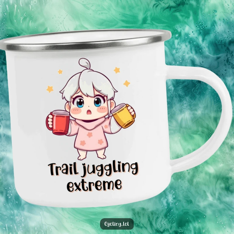 Funny surprised character juggling three colorful mugs on a camping mug, ideal for outdoor adventures and humorous coffee breaks.