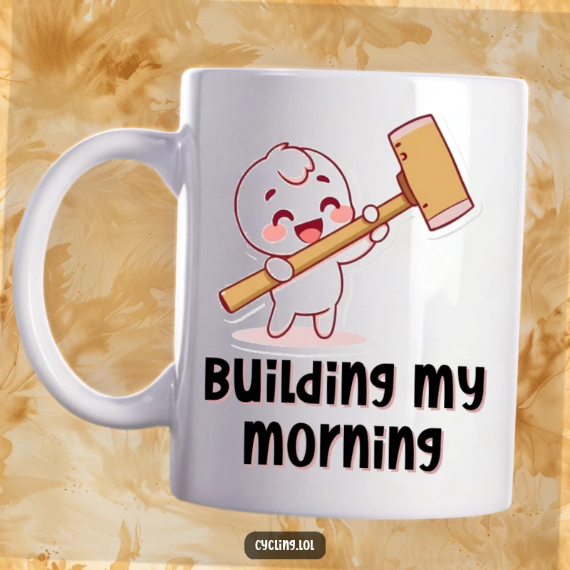Funny mug featuring a comical character enthusiastically hammering a pretend nail with an oversized hammer, showcasing playful DIY spirit.