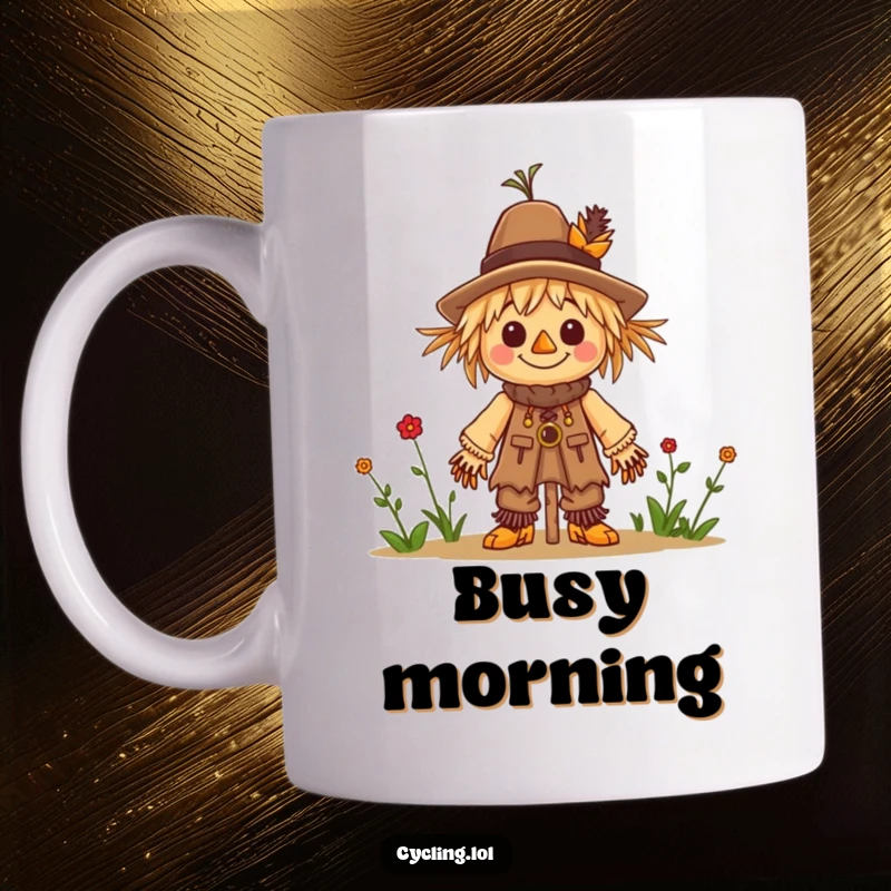 Funny mug showing a character cheerfully building a tiny scarecrow, busy and focused on their creative project.