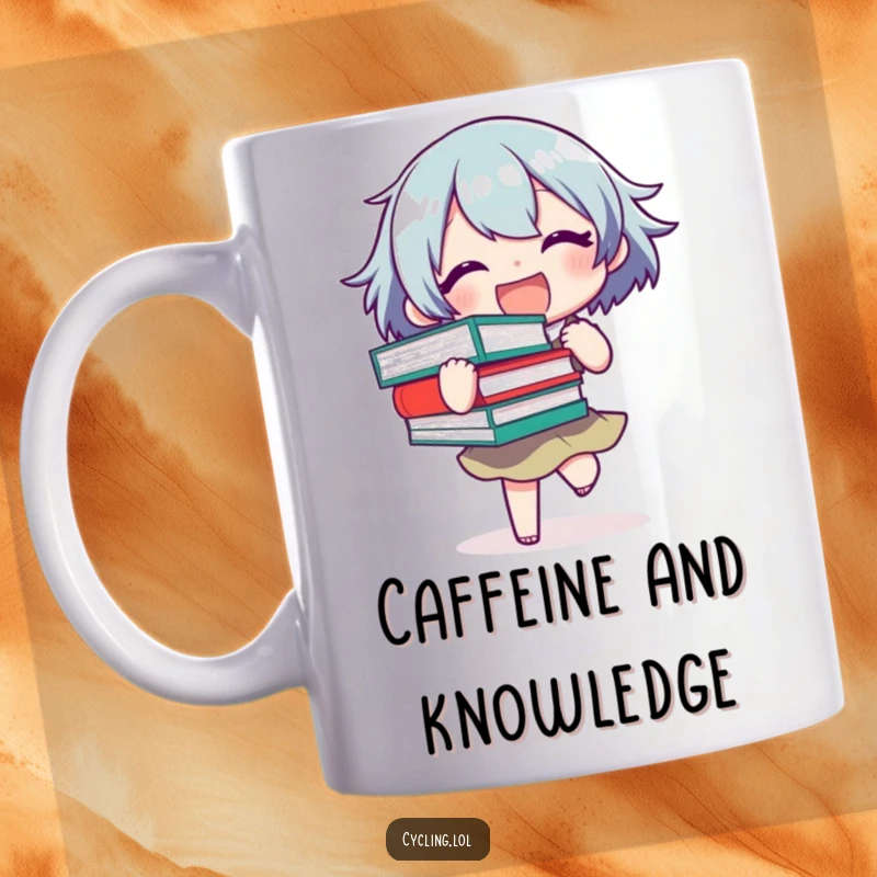 Funny Mug featuring a joyful character struggling to balance a tall stack of books, celebrating the love of reading.