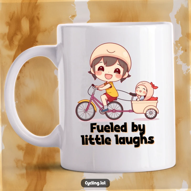 Funny bicycle mug showing a beaming character happily cycling with a tiny, giggling passenger in a trailer.