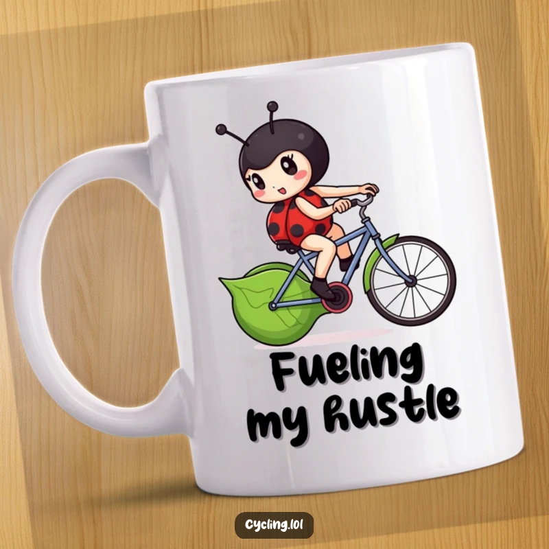 Funny ladybug mug showing a determined ladybug furiously pedaling a leaf-shaped bicycle with intense focus.