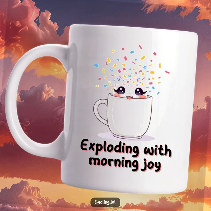 Funny mug design featuring a character with sparkling eyes bursting out amidst celebratory confetti, symbolizing energetic fun.
