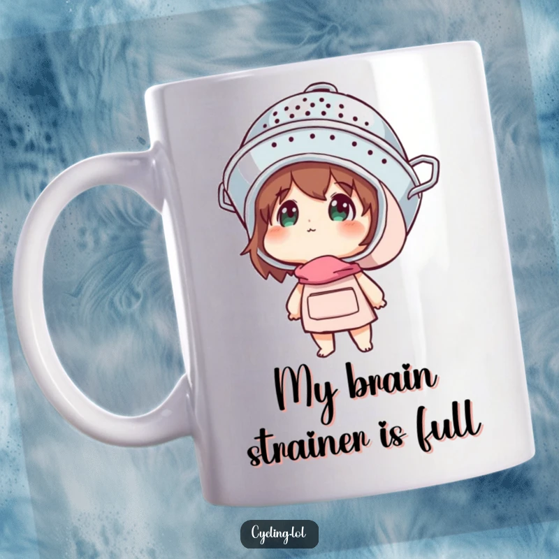 Funny mug showing a character wearing a colander as a helmet, looking upwards with wide-eyed wonder.