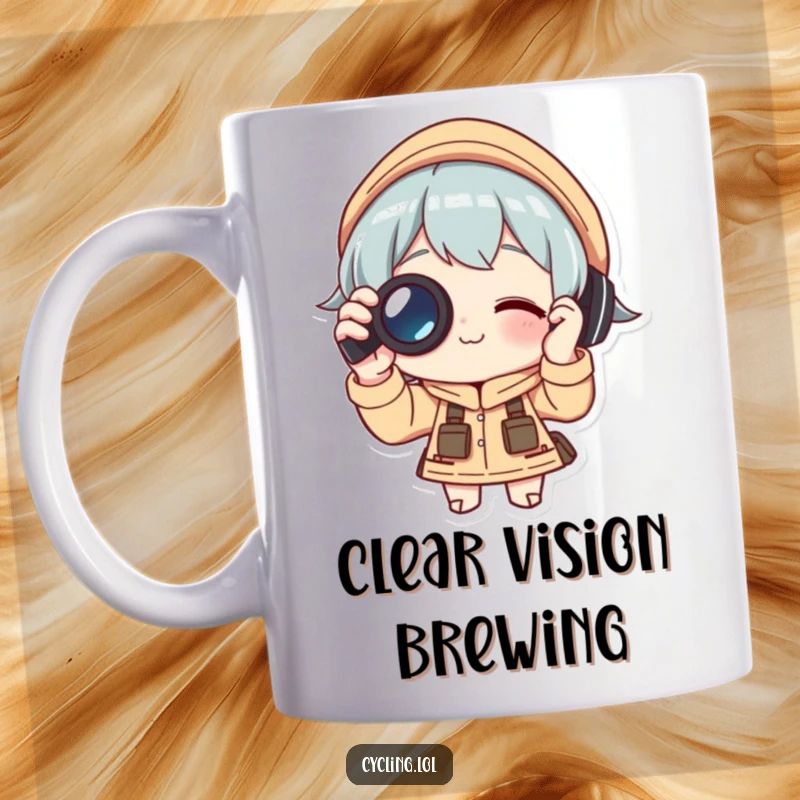 Funny Mug: Character happily adjusts binoculars with a focused expression, embodying the joy of discovery and adventure, a perfect gift for explorers.