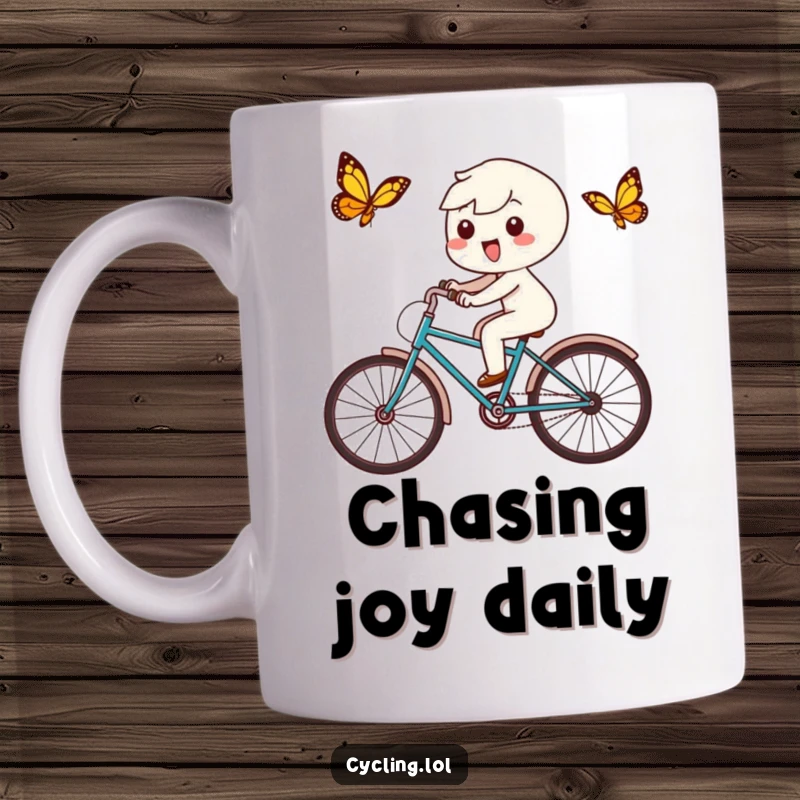 Funny Kawaii mug featuring a delighted character on a bicycle chasing a butterfly, embodying pure, playful joy.