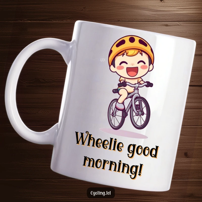 Funny Mug: A cute kawaii character with a wide grin balances perfectly on a bicycle performing an impressive wheelie.