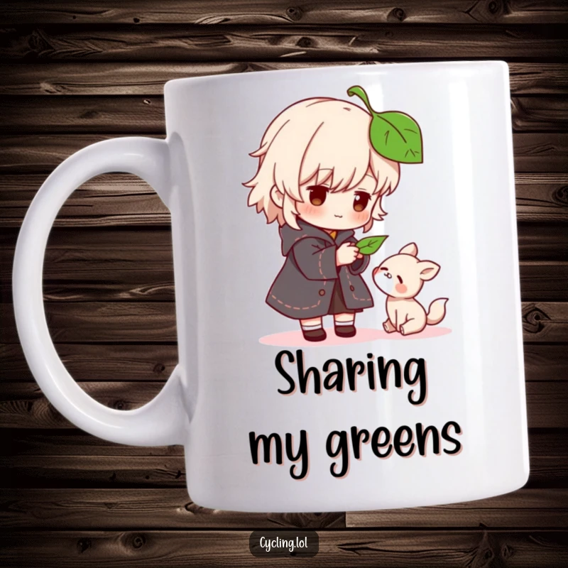 Funny mug showing a character gently offering a leaf to a tiny, grateful animal, symbolizing kindness and friendship.