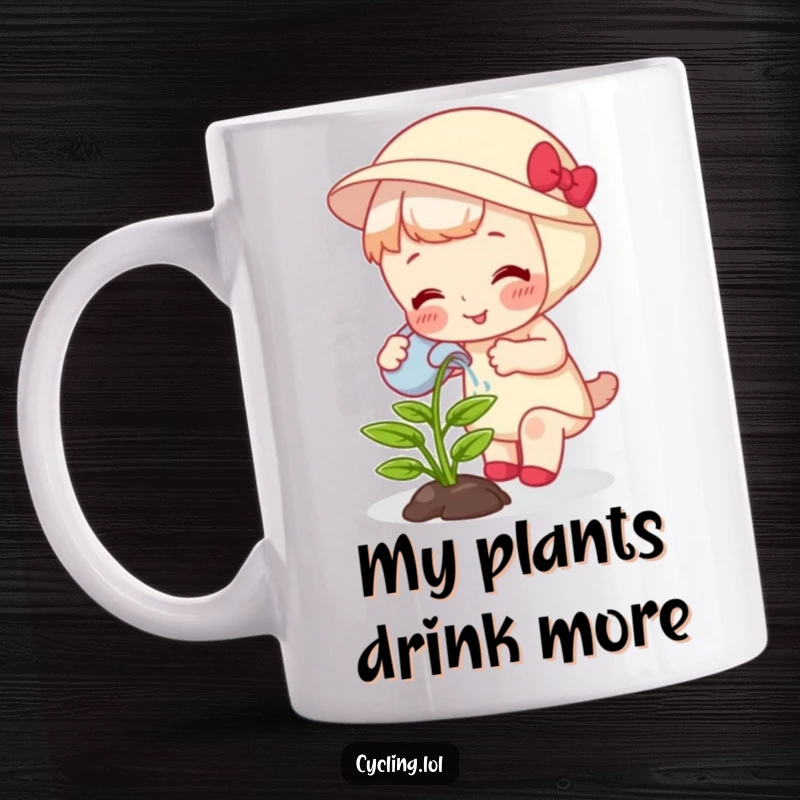Funny mug: character playfully watering a plant that is giggling and visibly growing, showing a fun interaction.
